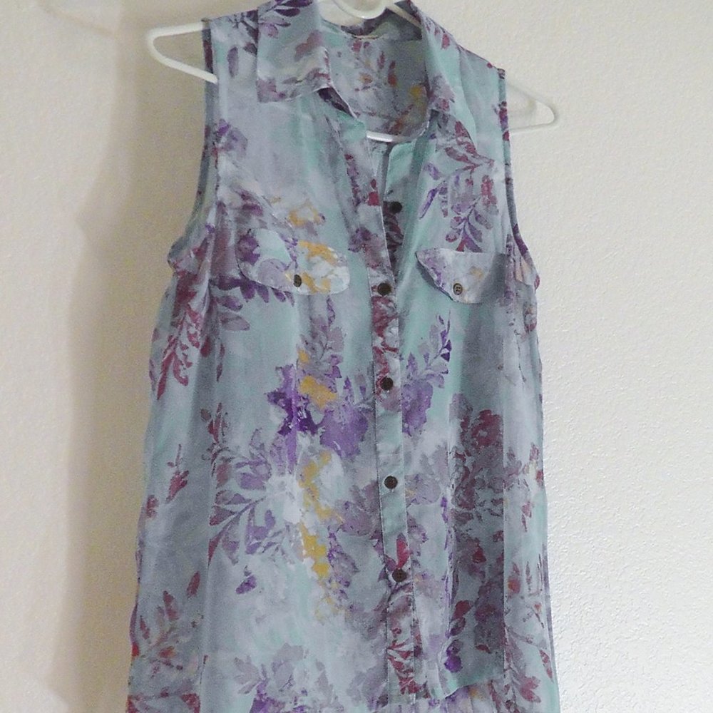Sleeveless Blouse High-Low Sheer Button Up Blue